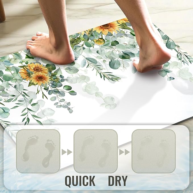 Quick Dry Bath Mat for Bathroom,Super Absorbent Green Eucalyptus Leaves Bath Rug Non-Slip Rubber Backing,Machine Washable Bathroom Floor Mat for Shower, Tub, Sink Area Sunflower Watercolor 30x20