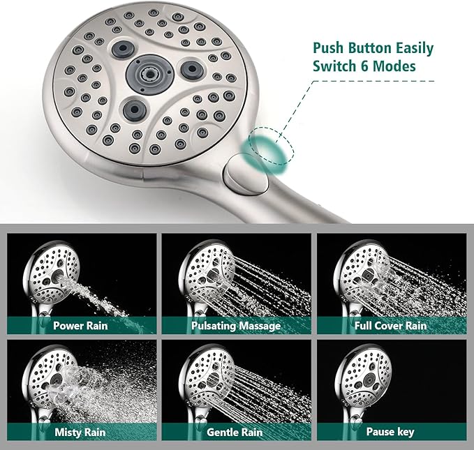 Handheld Shower Head with Slide Bar Combo, 6 Settings Handheld Shower with ON/OFF Pause Switch, Adjustable Height 27.5" Long Slide Bar, Wall Supply Elbow and 6.6ft Shower Hose, Brushed Nickel