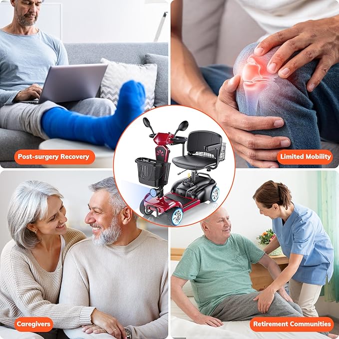 15/25/30/50Miles Eldryvon 4 Wheels Electric Mobility Scooter for Seniors, Dual Basket, 350W Powered Wheelchair with Rotating Seat, Mirrors, Foldable Motorized Scooter for Adults (Red, 50Miles)