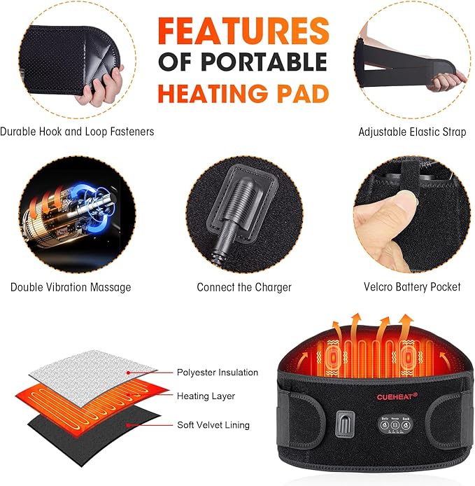 CUEHEAT Heated Waist Belt, Cordless Heating Pad for Low Back, Electrical Heating and Massage, Rechargeable Battery Powered (Black Upgraded,53 inches)