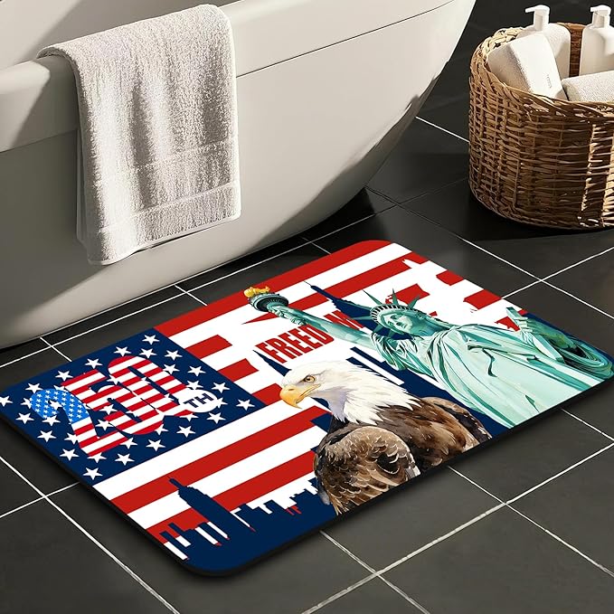 Quick Dry Bath Mat for Bathroom,Super Absorbent Patriotic 4th of July Welcome Bath Rug Non-Slip Rubber,Machine Washable Bathroom Floor Mat for Shower, Tub, Sink Area Independence Day Eagle 16x24