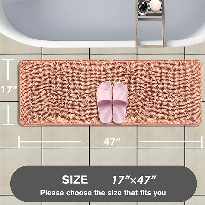 Bathroom Runner Rug 47 x 17 Inch – Long Bath Mat | Absorbent and Washable Thick Chenille Bath Rug Non-Slip Runner Rug for Bathroom, Shower, Sink(Dusty Pink)