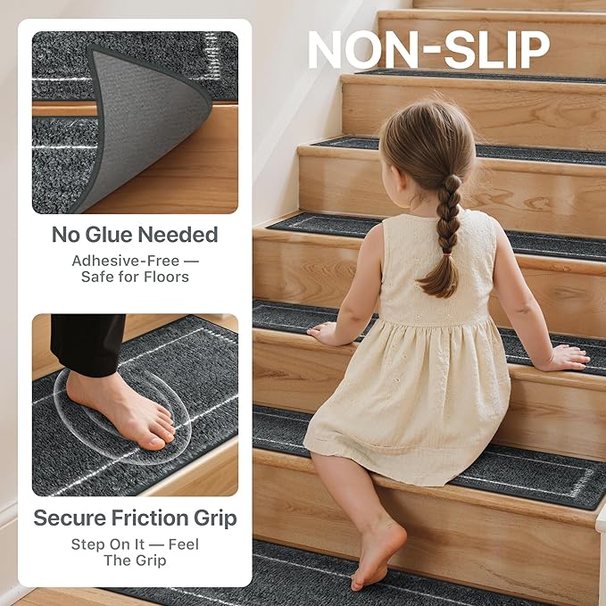 Non Slip Microfiber Stair Treads for Wooden Steps, 15PCS 8"x30" Indoor Safety Carpet, 3D Cut & Loop Tufted Edging Mats with TPE Adhesive Backing, Pet & Elderly Friendly Stair Rugs (Charcoal Border)