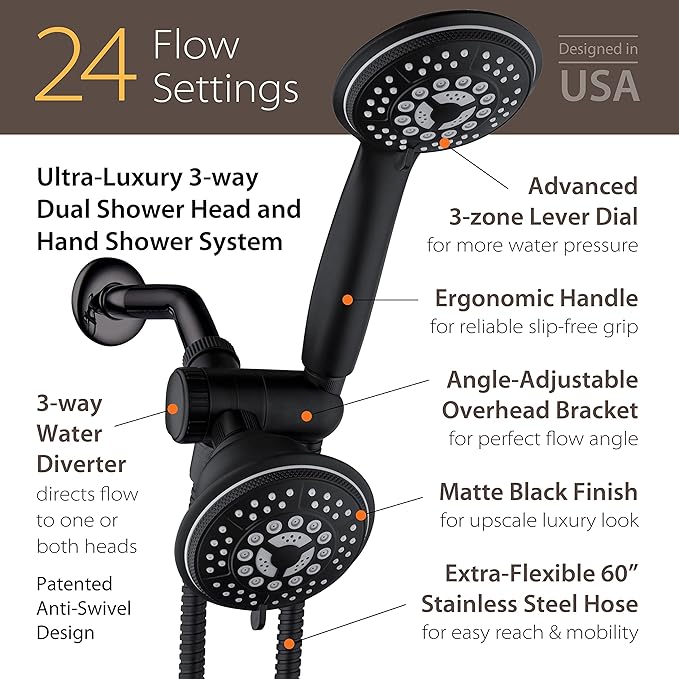 1763 Handheld Showerhead & Rain Shower Combo. High Pressure 24 Function 4" Face Dual 2 in 1 Shower Head System with Stainless Steel Hose, Patented 3-way Water Diverter in Matte Black