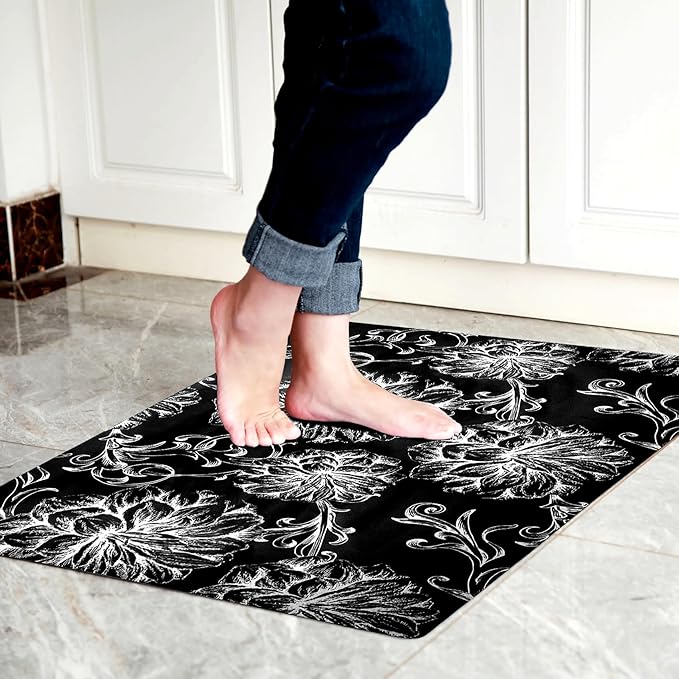 1/10 Inch Ultra Thin 24"×35" Large Front Door Mat Indoor Entrance Inside Non Slip, Waterproof Rubber Kitchen Mat and Interior Home Washable Door Mat, Baroque Black