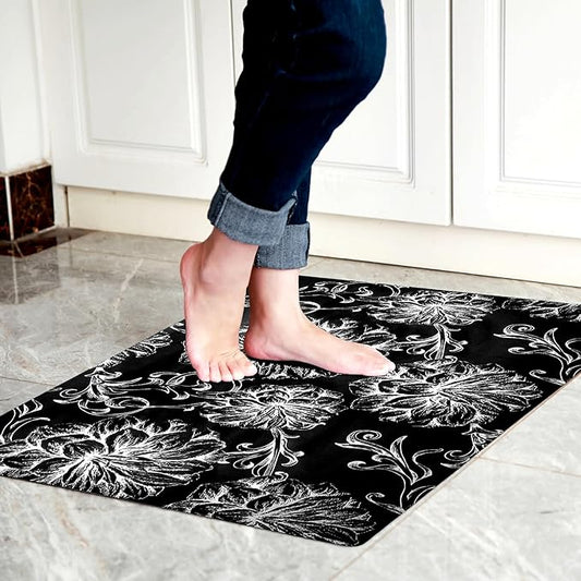 1/10 Inch Ultra Thin 24"×35" Large Front Door Mat Indoor Entrance Inside Non Slip, Waterproof Rubber Kitchen Mat and Interior Home Washable Door Mat, Baroque Black