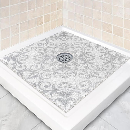 Square Shower Mat Non Slip: 24 x 24 Inch Shower Mats with Drain Hole in Middle - PVC Loofah Anti Slip Shower Floor Matt for Inside Shower