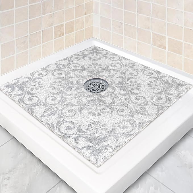 Square Shower Mat Non Slip: 36 x 36 Inch Extra Large Shower Mats with Drain Hole in Middle - PVC Loofah Anti Slip Shower Floor Matt for Inside Shower