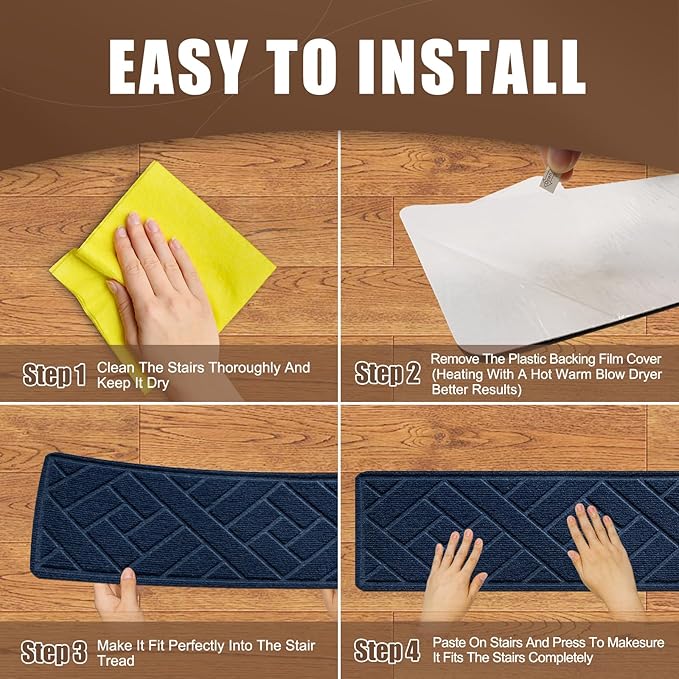 Non-Slip Carpet Stair Treads for Indoor Wooden Steps, Made of Polyester and Reusable Adhesive, Suitable for Kids Elders and Pets of 15 Pack 8 "X 30" （Navy Lines）