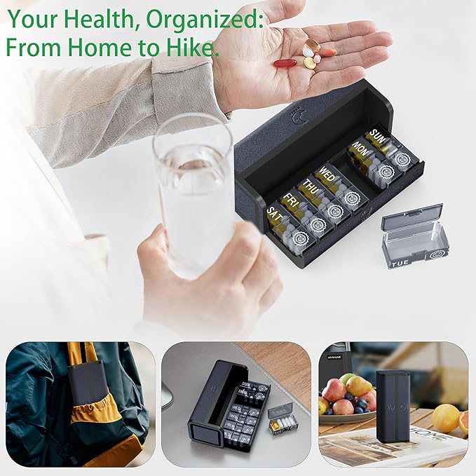 Pill Organizer 7 Day AM PM, Discreet 2 Times a Day Weekly Pill Box with Double Protection Shell, Large Capacity Portable Vitamin Case for Travel Meds & Medicine Organizer (Silver-Black)