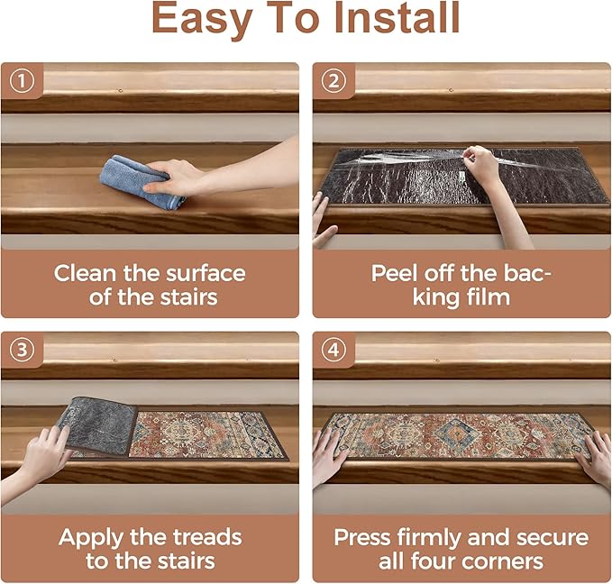 Non Slip Stair Treads for Wooden Steps 15PCS - 8"x30" Indoor Safety Carpet, Edging Mats with TPE Adhesive Backing, Pet and Elderly Friendly Stair Rugs (Antique Red)