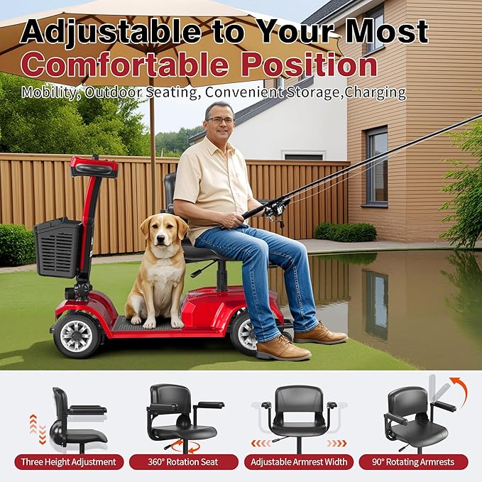 Mobility Scooter for Seniors, Red,420 lbs Capacity -12.4 Miles Range 4 Wheel Electric Scooter with Seat, 20° Hill Climb, 300W Motor, Easy to Operate and Foldable