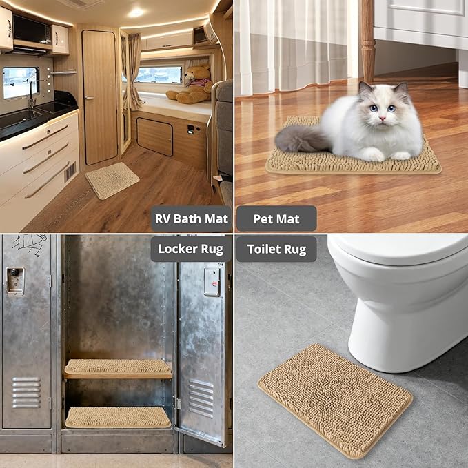 Small Bathroom Rug 12"x18" – Washable and Absorbent Bath Mat, Non Slip, Thick Soft Chenille Bath Rugs for Bathroom, Shower, Sink, Dog mat(Beige)