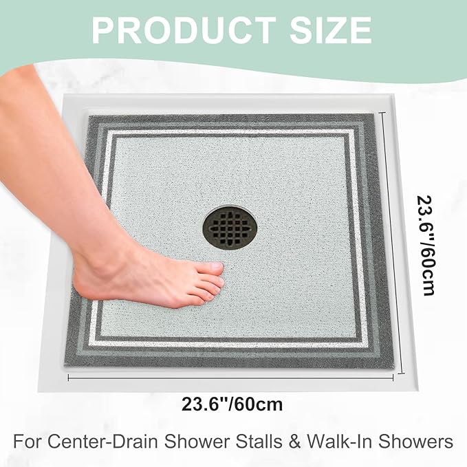 Square Shower Mat Non Slip: 24x24 Inch Extra Large Shower Mats for Inside Shower, Anti Slip Shower Floor Mat, Loofah Shower Stall Mats for Elderly, Non Slip Shower Mat with Drain Hole in Middle