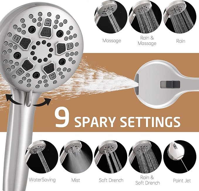 KES 30-Inch Shower Slide Bar with High Pressure 9 Functions Adjustable Handheld Shower Head & 59-Inch Hose, Built-in Power Wash to Clean Tub Tile & Pet, Wall Mount Brushed Finish 18/8 Stainless Steel