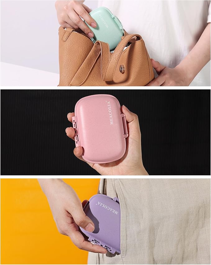 MEACOLIA 3 Pack 8 Compartments Travel Pill Organizer, Daily Pill Case Small Pill Box for Pocket Purse, Portable Pill Container Medicine Vitamin Organizer (Purple, Green, Pink)