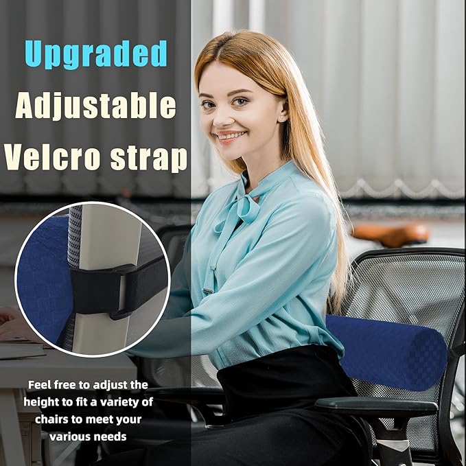 Lumbar Roll Pillow for Lower Back, Lumbar Support Foam Roll Cushion with Pillowcase and Upgraded Strap for Office, Chair, Car, Seat Pain Relief & Improving Posture (Dark Blue, Short-11*4.3'')