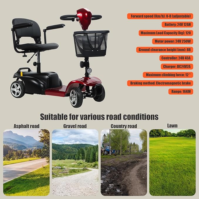 4-Wheel Electric Scooter for Adults | Long Range Mobility Scooter with Basket, Charger & 265 lbs Capacity for Seniors Outdoor Use (Red and Black)