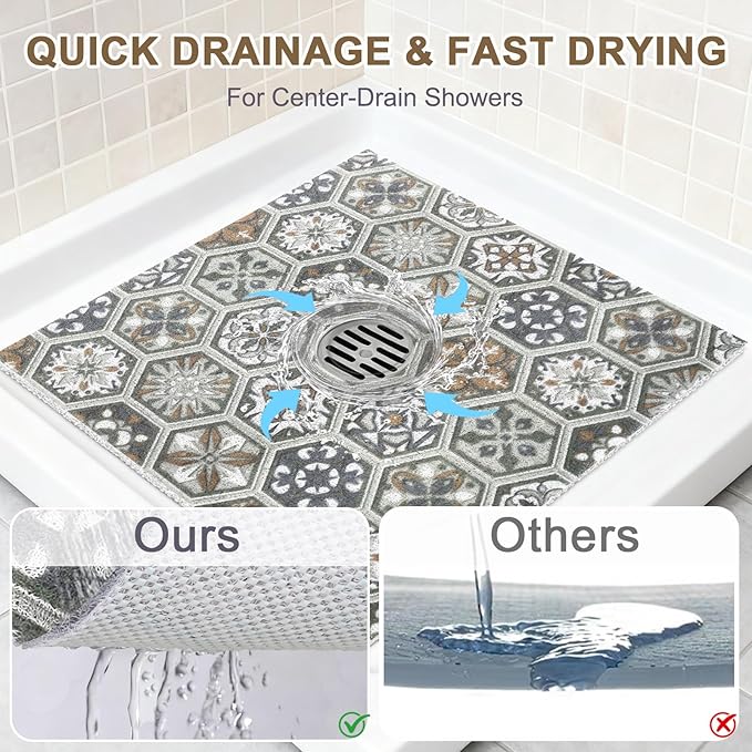 Square Shower Mat Non Slip: 27x27 Inch Extra Large Shower Mats for Inside Shower, Anti Slip Shower Floor Mat, Loofah Shower Stall Mats for Elderly, Non Slip Shower Mat with Drain Hole in Middle