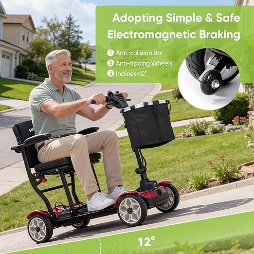 (2026 Upgrade) Lightweight Mobility Scooter for Seniors & Adults, Folding Mobility Scooters, Light Weight 24.8 Miles Trave Foldable 4 Wheeler, Removable Lithium Battery, 300lb Capacity-Gloss Red