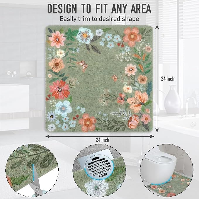 Square Shower Mat, 24 x 24 Inch Non Slip Flower Shower Stall Mat, Quick-Dry PVC Loofah Bath Mat for Shower Tub Bathroom