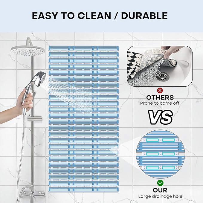 XIYUNTE Shower Mat Non Slip Bath Mat for Tub - 36 x 16 Inch Bathtub Mat Non Slip Shower Mats for Inside Shower, TPE Bath Mat with Suction Cups and Drain Holes, Easy to Cut, Blue