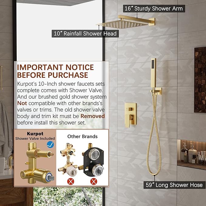 Kurpot Gold Shower System, 10'' Square Rainfall Shower Head with Handheld Combo Spray, Bathroom Brushed Gold Shower Faucet Set with Valve, 59'' Shower Hose, Shower Trim Kit and Diverter, Wall Mounted