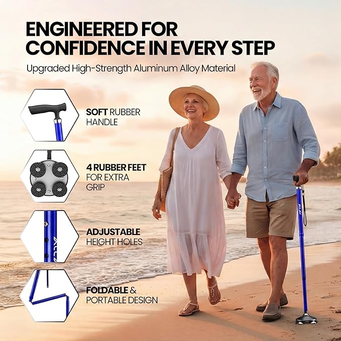 Allay Walking Canes for Men & Women - Adjustable Canes for Women for Stability, Self Standing Wide Quad Pivot Base, Light Weight, Soft Handle Grip and Travel Bag, Walking Sticks for Seniors & Adults