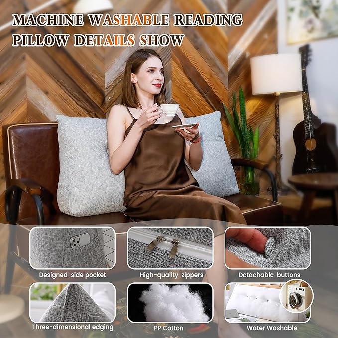 Twin Size Headboard Pillow - Premium Linen Fabric Reading Backrest Cushion for Bed & Sofa, Daybed Bolster Support with Detachable Neck Roll & Washable Cover, Grey