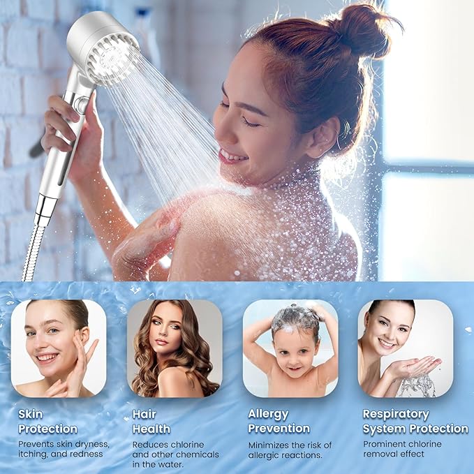 PWERAN Filtered Shower Head with Handheld, High Pressure 3 Spray Mode Showerhead with 18 Stage Water Softener Filters for Hard Water - Handheld Shower Head-Remove Chlorine-White