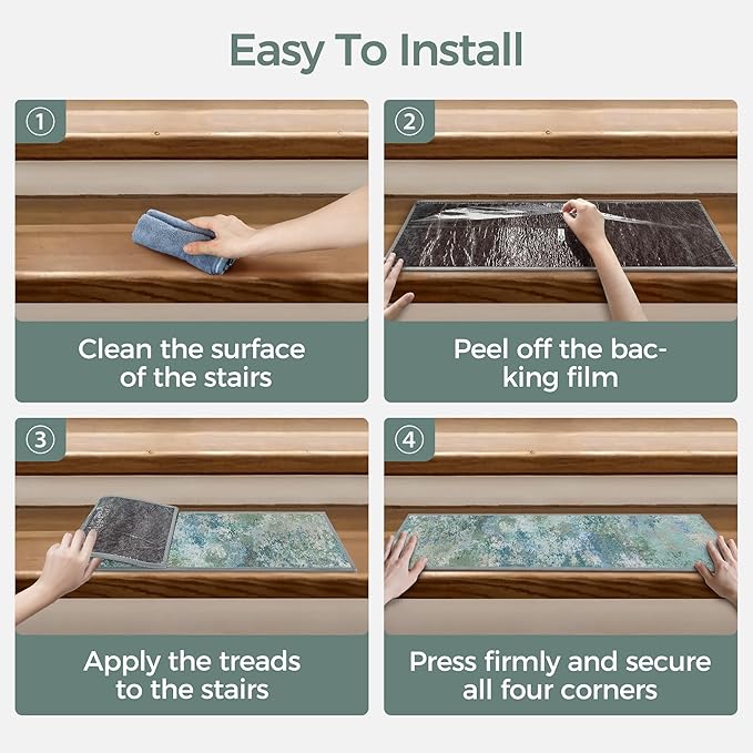 Non Slip Stair Treads for Wooden Steps 15PCS - 8"x30" Indoor Safety Carpet, Edging Mats with TPE Adhesive Backing, Pet and Elderly Friendly Stair Rugs (Abstract Blue Green)