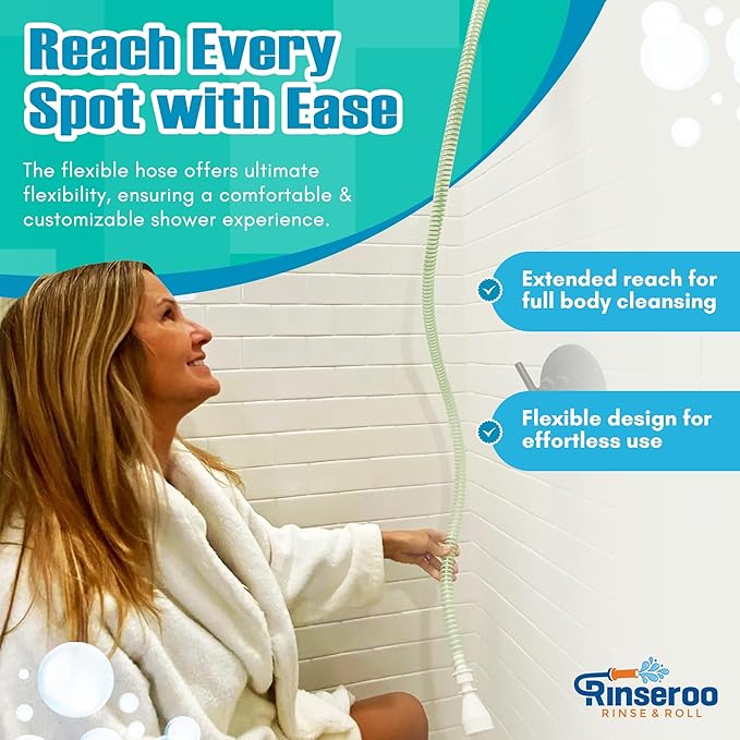Rinseroo: Slip-On Handheld Shower Attachment Hose w/Spray Head-for Seated Bathing. Converts Fixed Shower Head into Handheld Bather. Portable, No-Install Shower Hose Wand for Seniors, RV. Gravity fed.