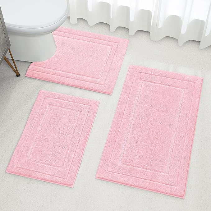 HOMEIDEAS Bathroom Rugs Sets 3 Piece, Super Soft and Absorbent Non Slip Microfiber Toilet Bath Mat with U-Shaped (Light Pink)