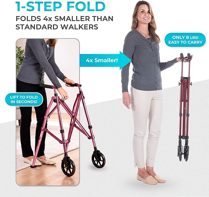 Stander Space Saver Walker, Lightweight Folding Rolling Mobility Aid for Seniors & Adults, Compact 2-Wheel Disability Device with 6-inch Wheels & Ski Glides for Walking Support, Regal Rose