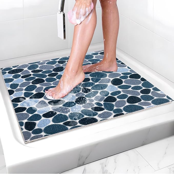 Non Slip Shower Mat: 24 X 24 Inch Stylish Square Shower Mats for Inside Shower - Soft PVC Loofah Trimmable Anti Slip Shower Mat for Elderly, Quick Drying