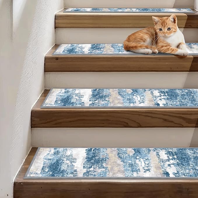 sarben Carpet Stair Treads Non Slip 15PCS, 8" X 30" Edging Stair Runner for Wooden Steps Indoor, Resistant Stair Rugs with Reusable TPE Adhesive Backing, Residue Mat for Elders, Pets, Sapphire/Sand