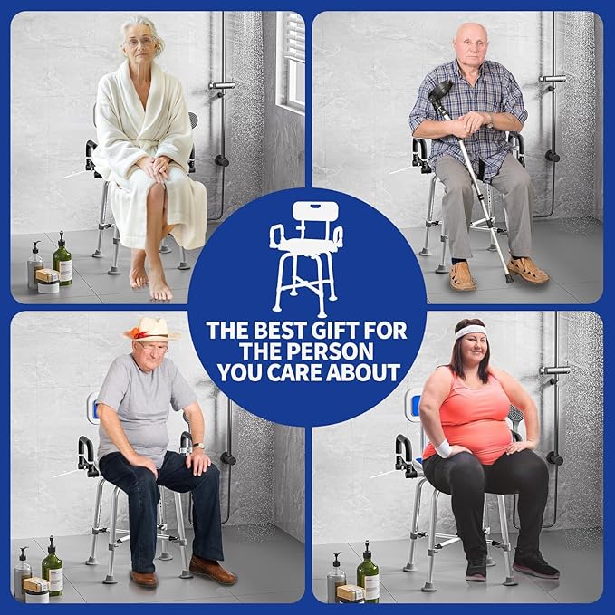 360° Swivel Shower Chair with Arms and Back, Heavy Duty 500 lbs Bariatric Bath Bench for Seniors Elderly Disabled Adults, Upgraded Adjustable Height Shower Stool for Inside Shower Stall