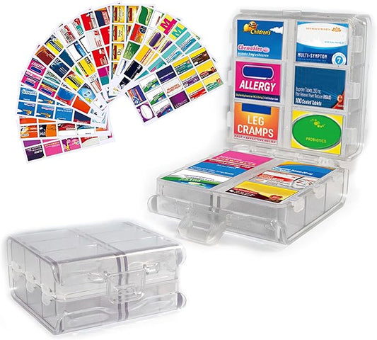Large Pill Organizer with Medicine Labels, Pill Dispenser 12-Compartment Travel Medication Storage Case, 7-Day Pill Box for Vitamins & Supplements (White, 161 Labels)