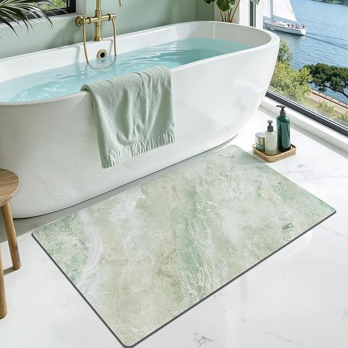 LUMI Ultra Thin Bath Mat, Super Absorbent Quick Dry Bathroom Rugs, Non-Slip Bathroom Mats, Marble Bathmats Fit Under Door, Bathtub, Sink, Shower Room, 24"x44", Green