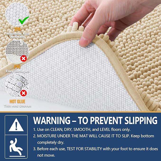 Arotive Bathroom Rugs 59x24, Extra Soft Absorbent Shaggy Chenille Bath Rugs, Machine Washable Rubber Backing Non-Slip Bath Mats for Bathroom Floor Tub and Shower, Home Decor Accessories, Beige