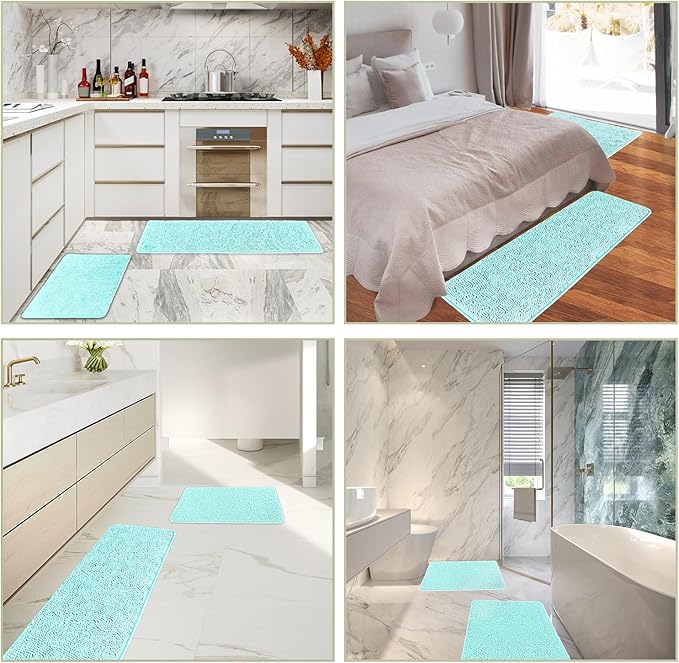 Aqua Bathroom Rugs Sets 2 Piece – Absorbent and Washable Bath Mat, Non-Slip, Thick Soft Chenille Bath Rugs for Bathroom Floor, Sink(17" x 24"+17" x 47")