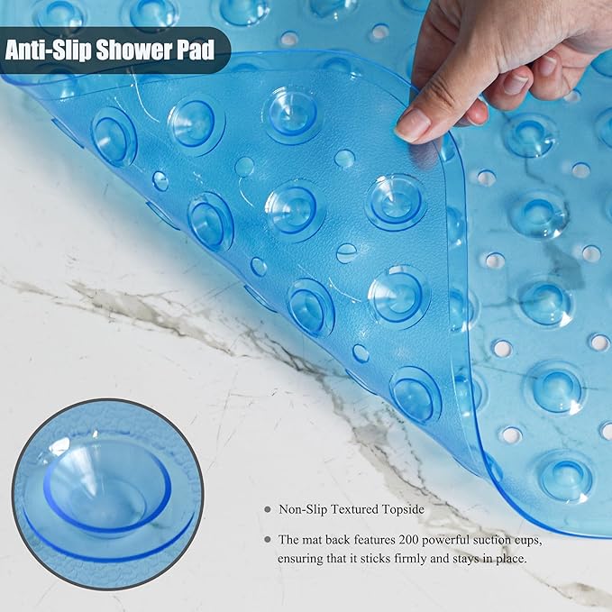Bathtub and Shower Mats, 28 x 15 Inch Non-Slip Bath Mat, Machine Washable Bath Tub Mat with Suction Cups & Drain Holes for Bathroom, Clear Blue