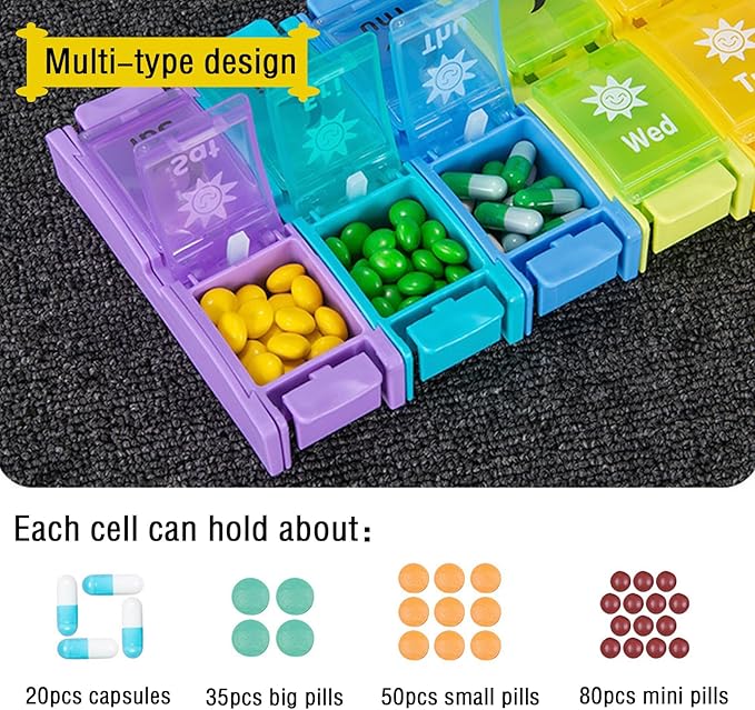 AM PM Pill Organizer 2 Times a Day, 7 Removable Daily Pill Cases with Color-Matched Lids & Base, Permanent Printed Day Labels, Large Capacity for Capsules, Fish Oil & Vitamins, BPA-Free