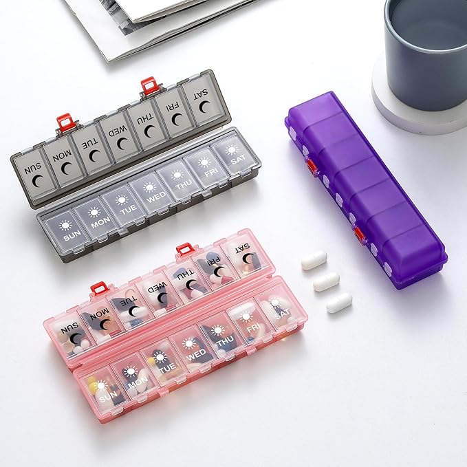 Foldable Pill Organizer Weekly 2 Times a Day, 7 Day Portable AM PM Travel Pill Case with Black&White Labels, Dual-Protection Daily Medicine Box, Large Pill Container for Vitamin/Supplement-Clear Black