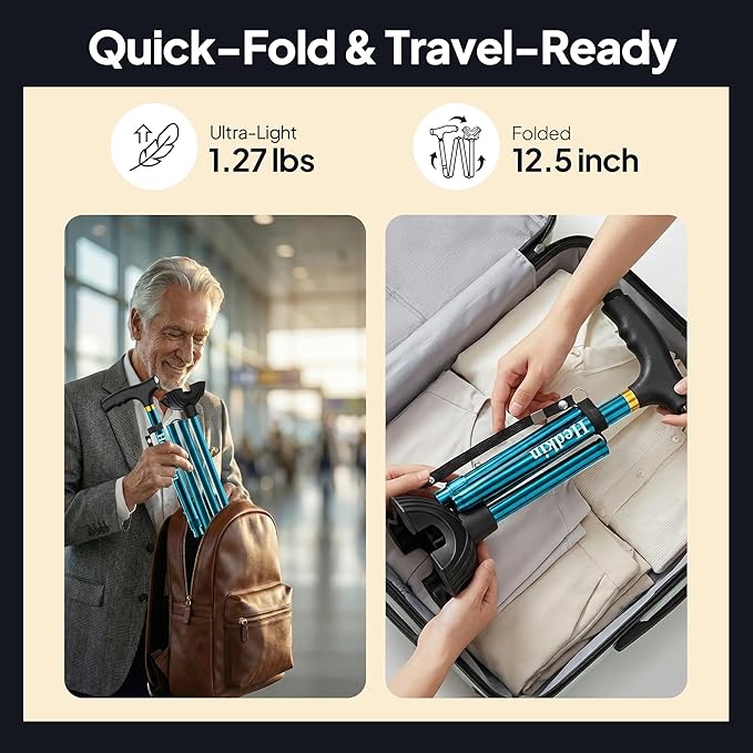 Walking Cane with LED Light, Foldable,Adjustable, Self Standing Walking Canes for Men & Women,Walking Sticks with Quad Base for Seniors & Adults