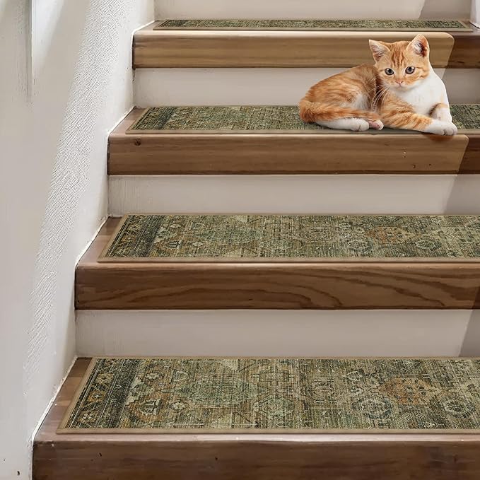 sarben Non Slip Stair Treads for Wooden Steps 15PCS - 8"x30" Indoor Safety Carpet, Edging Mats with TPE Adhesive Backing, Pet and Elderly Friendly Stair Rugs (Olive/Brown)