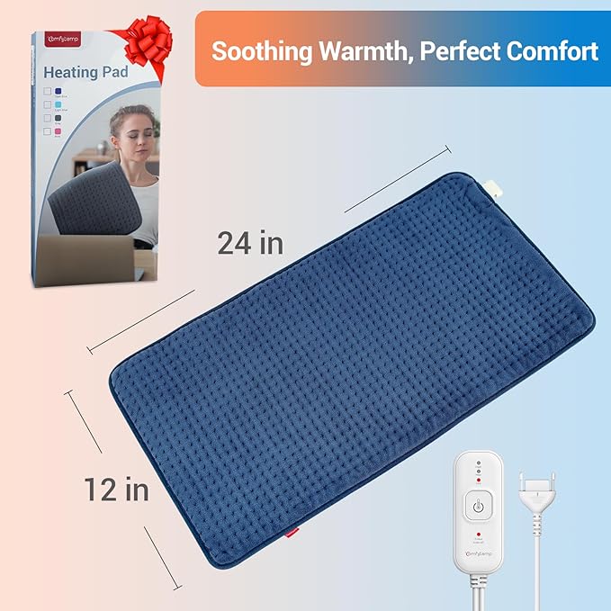 Comfytemp Heating Pad for Back & Period, Electric Extra Large Heat Pad, Birthday Gifts for Women Mom Dad & Mother Day Gift, Moist Neck Shoulder Legs Arm Knee Heated Pad Washable, 12"x24", Navy Blue