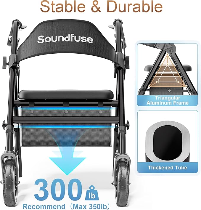 SOUNDFUSE Rollator Walkers for Seniors with Seat, Foldable Lightweight Rolling Walker with 8" Big PU Wheels, Ergonomic Seat, Dual Height Adjustment