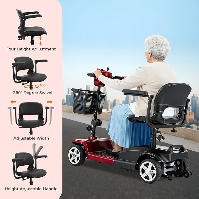 4 Wheel Mobility Scooter for Seniors & Adults 15 Mile Range, 6 MPH Powered Mobility Scooter with 300 lbs Capacity, Foldable Compact Mobility Scooter for Travel, Electric Wheelchair Red