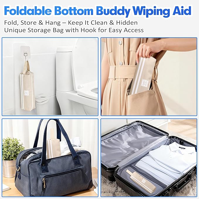 Foldable Bottom Buddy Wiping Aid with Storage Bag & Hook, 15.7" Long Reach Butt Wiper Toilet Aids for Wiping Bottom, Toilet Assistance for Elderly, Disabled, Overweight, Wiping Aids for Toileting
